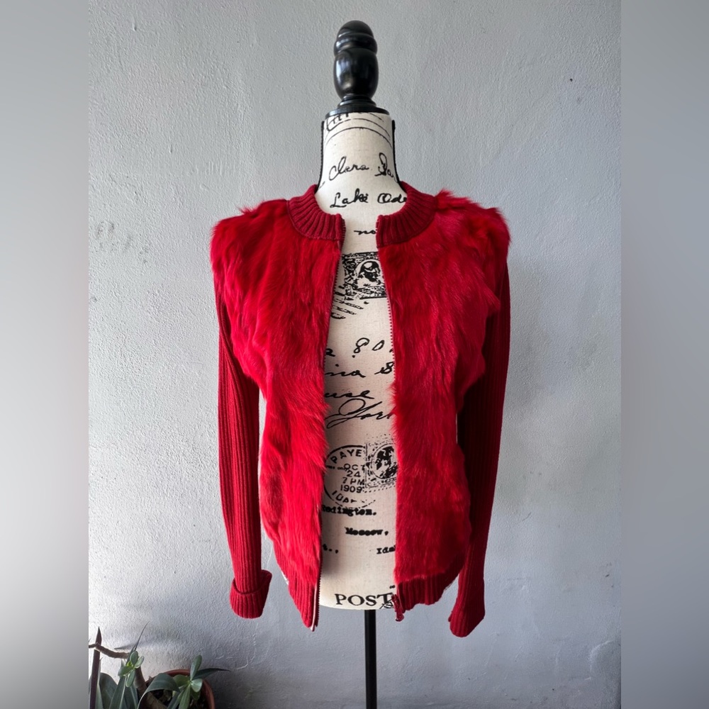 VINTAGE BCBG wool & goat fur jacket.  Blue red size M